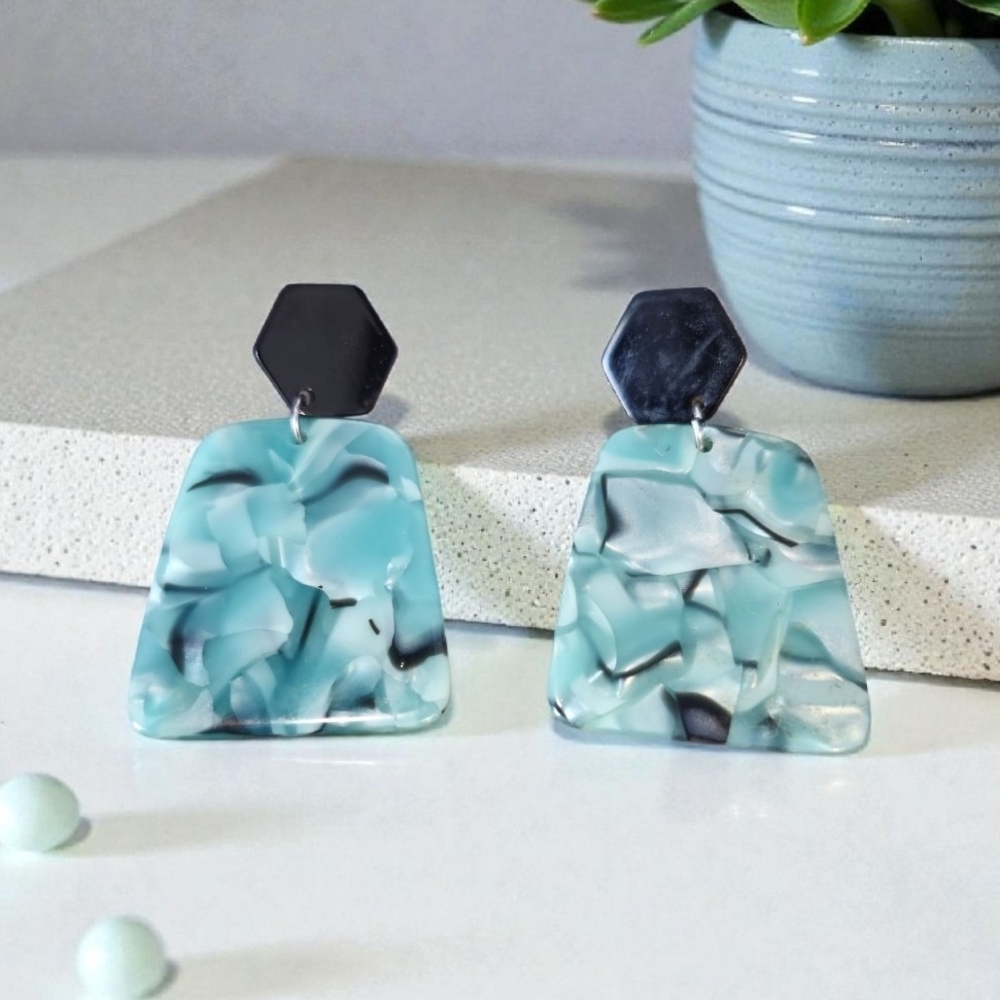 Aqua and Black Geometric Earrings